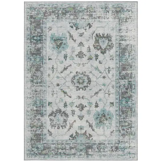 Teal Blue And Gray Floral Washable Indoor Outdoor Area Rug Photo 3