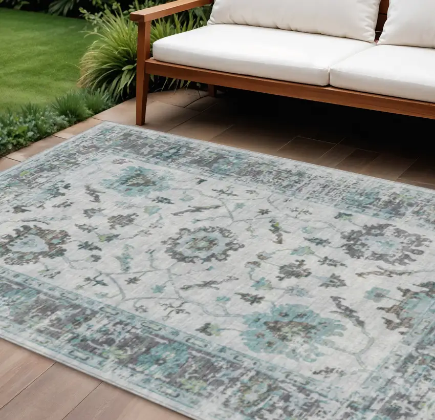Teal Blue And Gray Floral Washable Indoor Outdoor Area Rug Photo 2