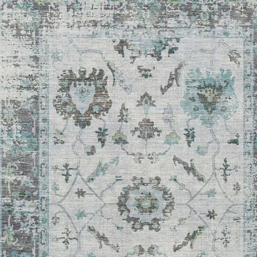 Teal Blue And Gray Floral Washable Indoor Outdoor Area Rug Photo 4