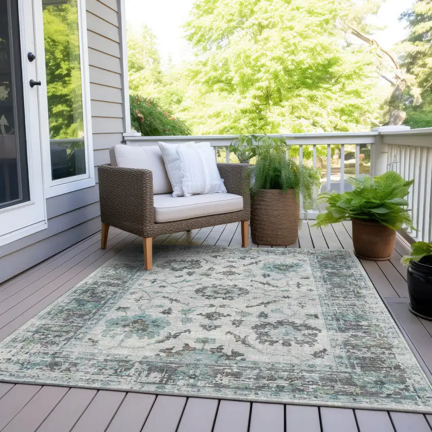 Teal Blue And Gray Floral Washable Indoor Outdoor Area Rug Photo 8