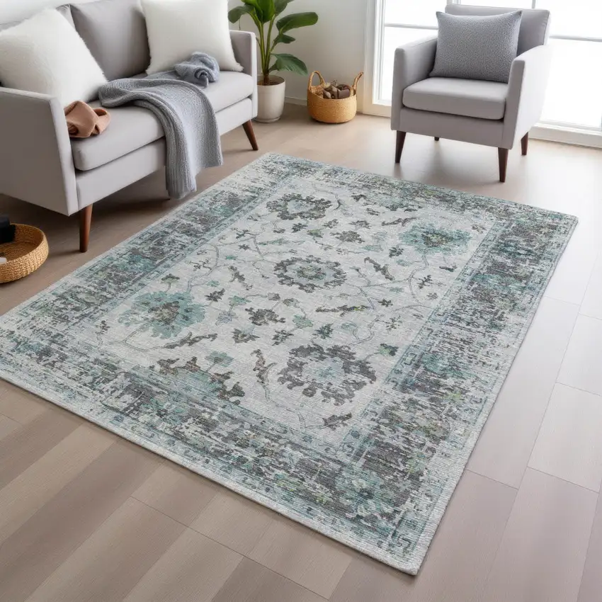 Teal Blue And Gray Floral Washable Indoor Outdoor Area Rug Photo 6