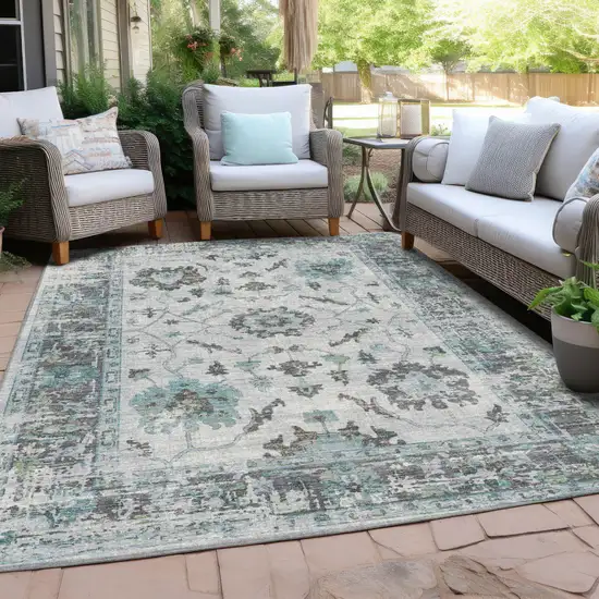 Teal Blue And Gray Floral Washable Indoor Outdoor Area Rug Photo 5