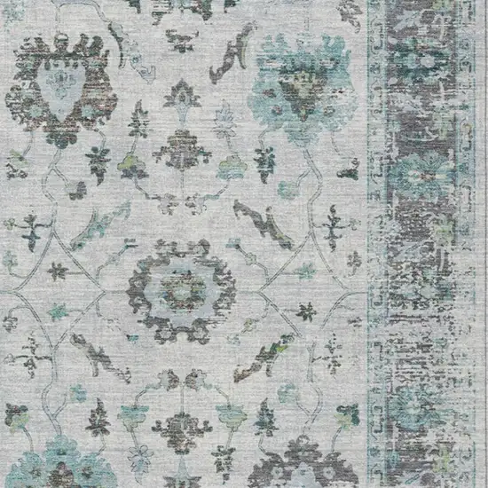 Teal Blue And Gray Floral Washable Indoor Outdoor Area Rug Photo 3