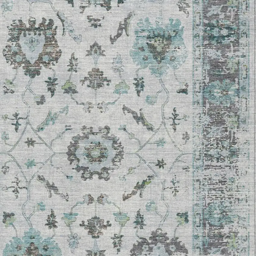 Teal Blue And Gray Floral Washable Indoor Outdoor Area Rug Photo 3