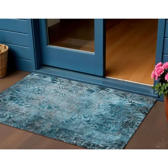 Teal Blue And Gray Floral Washable Indoor Outdoor Area Rug Photo 1
