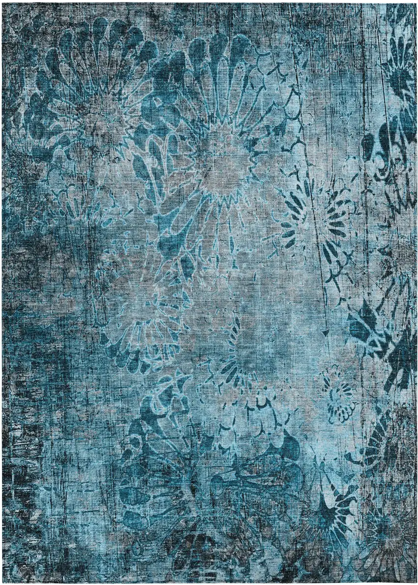 Teal Blue And Gray Floral Washable Indoor Outdoor Area Rug Photo 2
