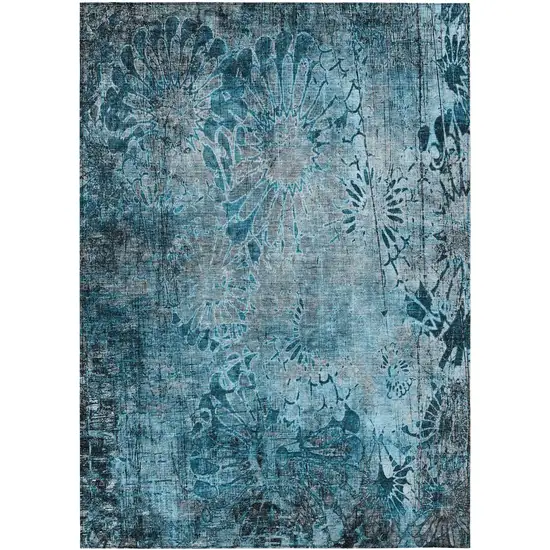Teal Blue And Gray Floral Washable Indoor Outdoor Area Rug Photo 2