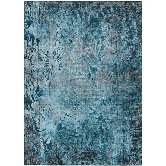 Teal Blue And Gray Floral Washable Indoor Outdoor Area Rug Photo 4