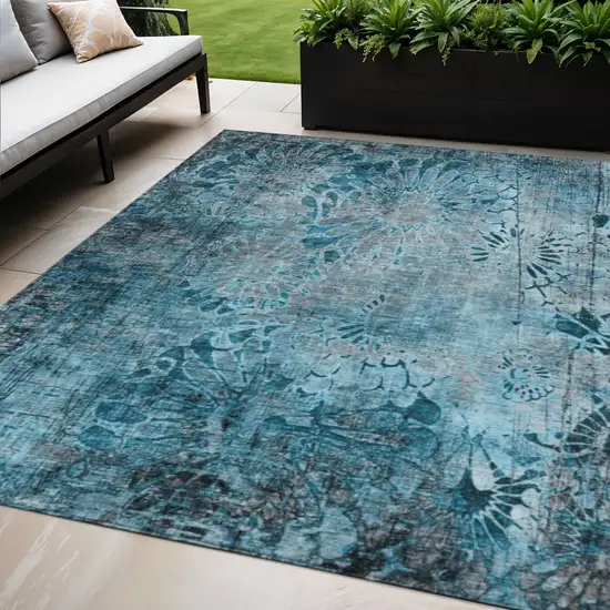 Teal Blue And Gray Floral Washable Indoor Outdoor Area Rug Photo 1