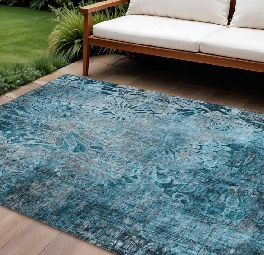 Teal Blue And Gray Floral Washable Indoor Outdoor Area Rug Photo 1