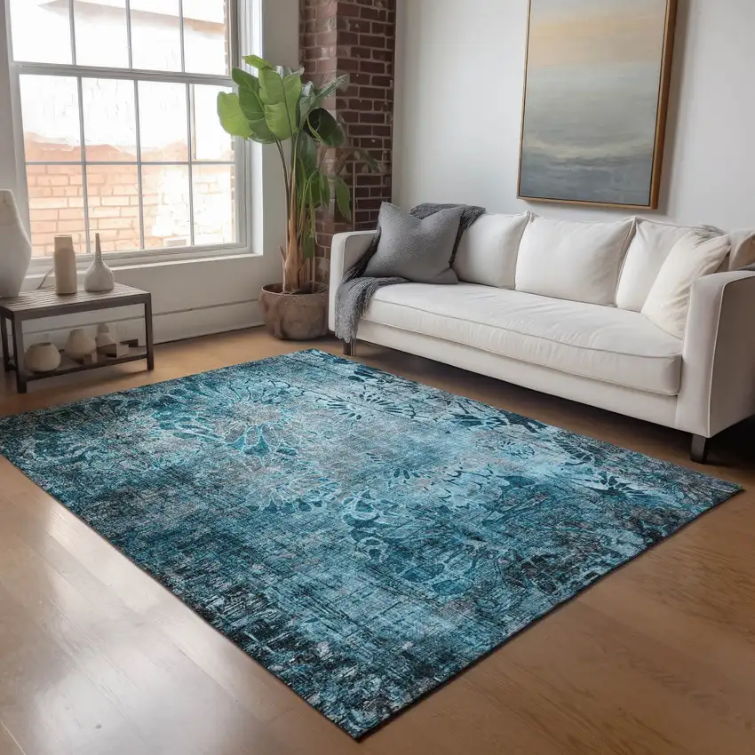 Teal Blue And Gray Floral Washable Indoor Outdoor Area Rug Photo 9