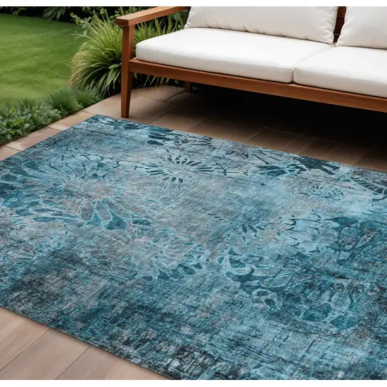 Teal Blue And Gray Floral Washable Indoor Outdoor Area Rug Photo 1