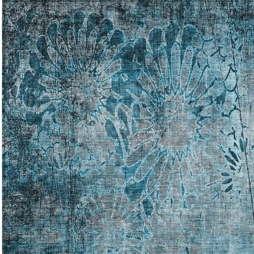 Teal Blue And Gray Floral Washable Indoor Outdoor Area Rug Photo 6