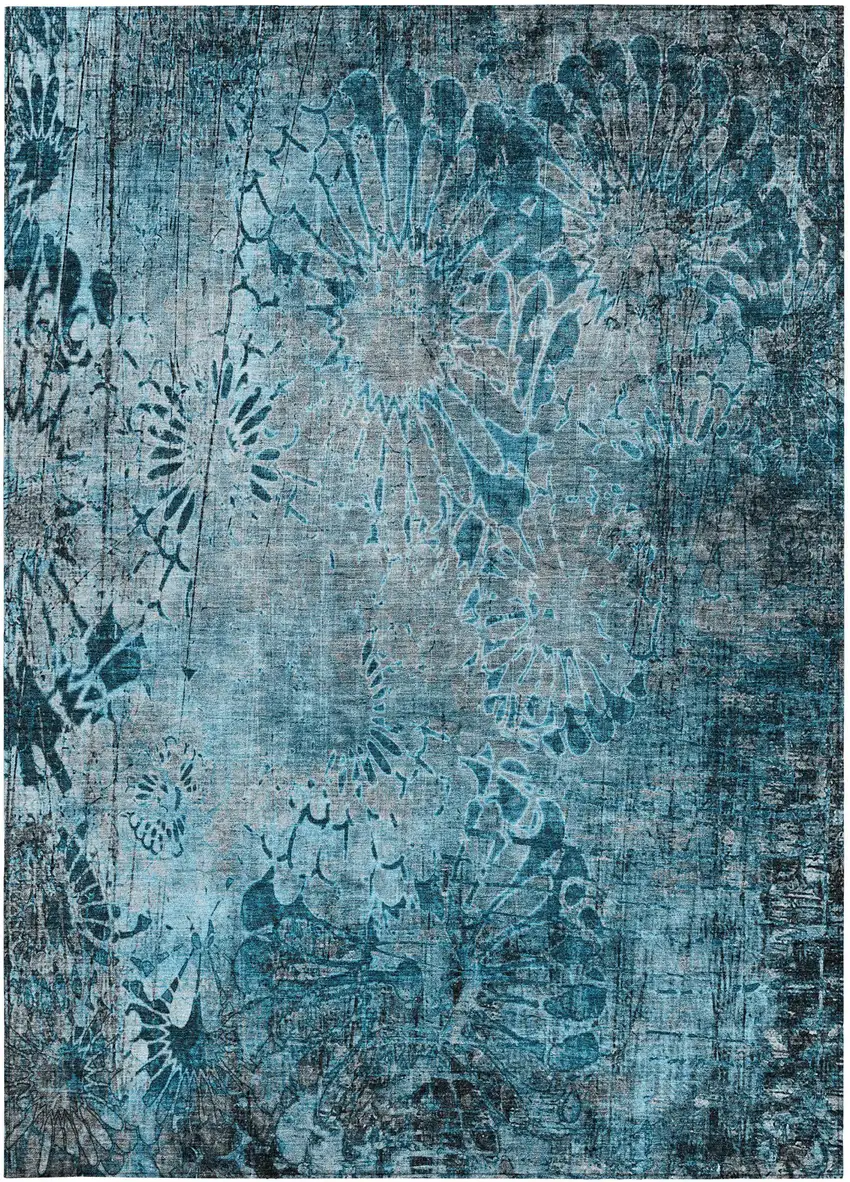 Teal Blue And Gray Floral Washable Indoor Outdoor Area Rug Photo 4