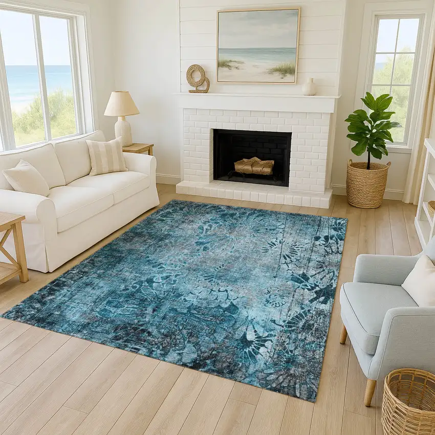Teal Blue And Gray Floral Washable Indoor Outdoor Area Rug Photo 7