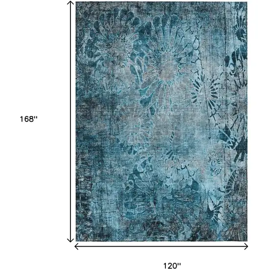 Teal Blue And Gray Floral Washable Indoor Outdoor Area Rug Photo 3