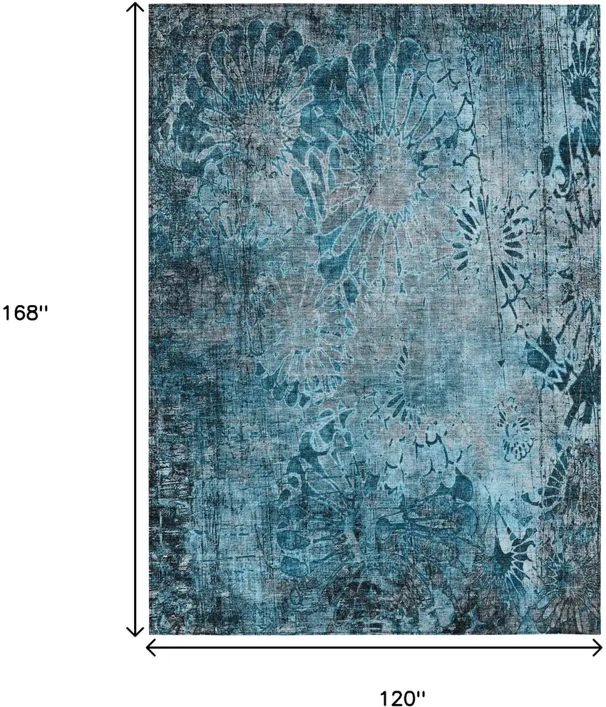 Teal Blue And Gray Floral Washable Indoor Outdoor Area Rug Photo 3