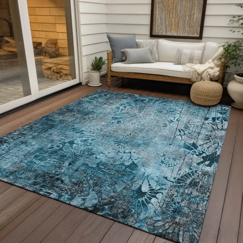 Teal Blue And Gray Floral Washable Indoor Outdoor Area Rug Photo 9