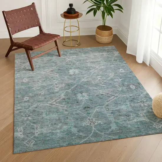 Teal Blue And Gray Floral Washable Indoor Outdoor Area Rug Photo 9