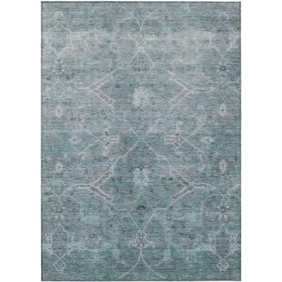 Teal Blue And Gray Floral Washable Indoor Outdoor Area Rug Photo 2