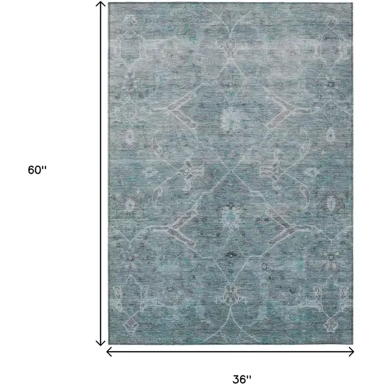 Teal Blue And Gray Floral Washable Indoor Outdoor Area Rug Photo 3
