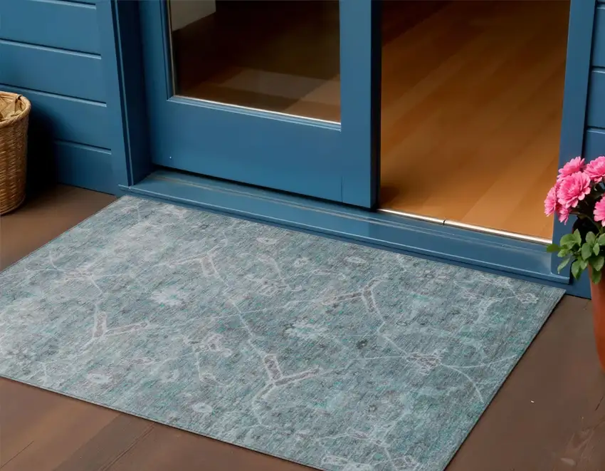 Teal Blue And Gray Floral Washable Indoor Outdoor Area Rug Photo 1