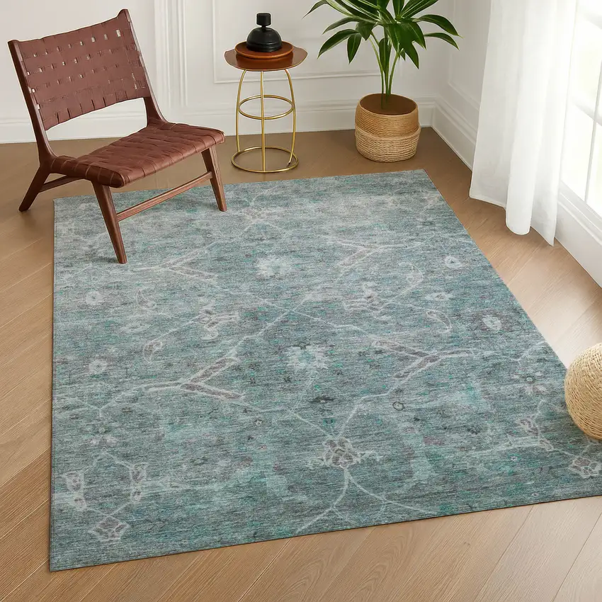 Teal Blue And Gray Floral Washable Indoor Outdoor Area Rug Photo 9