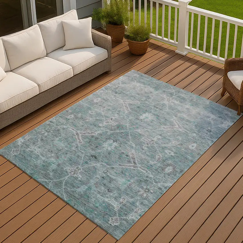 Teal Blue And Gray Floral Washable Indoor Outdoor Area Rug Photo 6