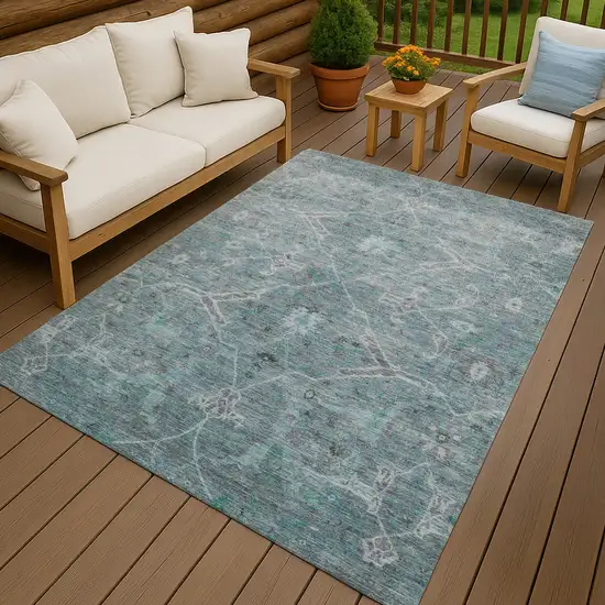 Teal Blue And Gray Floral Washable Indoor Outdoor Area Rug Photo 9