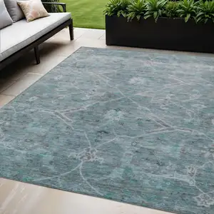 Photo of Teal Blue And Gray Floral Washable Indoor Outdoor Area Rug