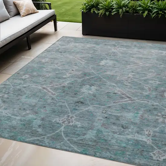 Teal Blue And Gray Floral Washable Indoor Outdoor Area Rug Photo 1