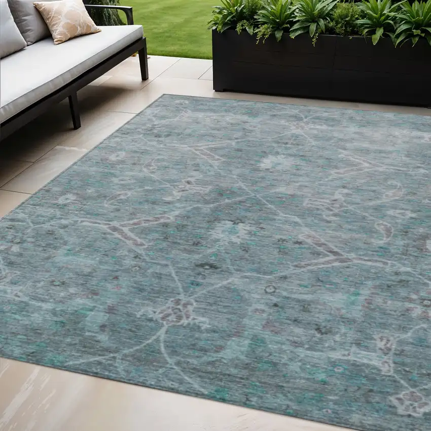 Teal Blue And Gray Floral Washable Indoor Outdoor Area Rug Photo 1