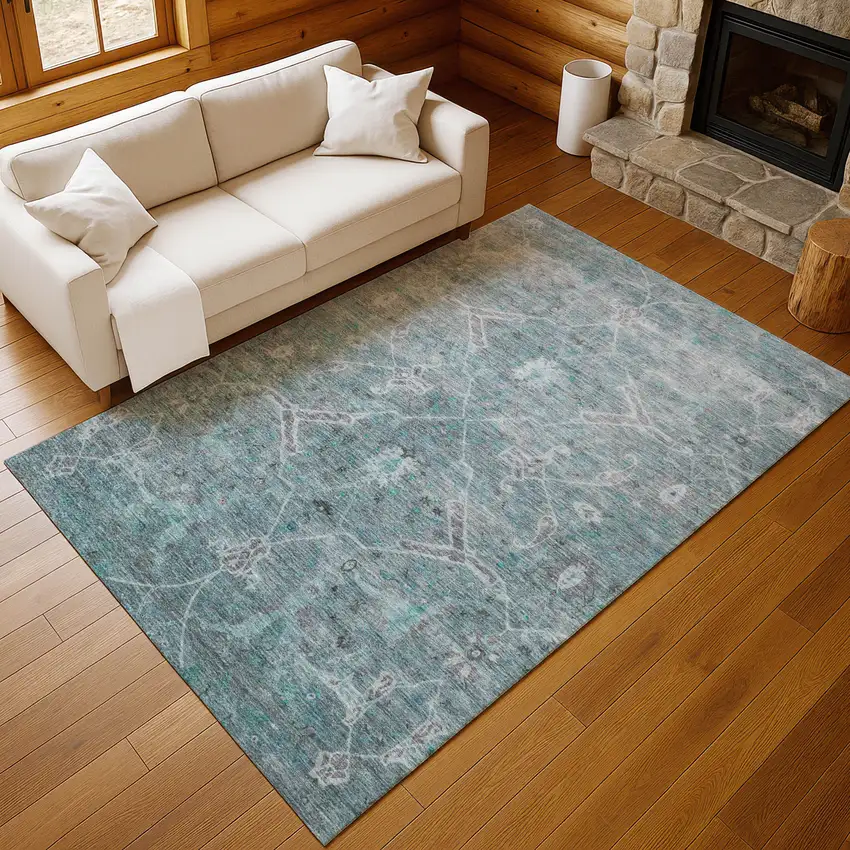Teal Blue And Gray Floral Washable Indoor Outdoor Area Rug Photo 8