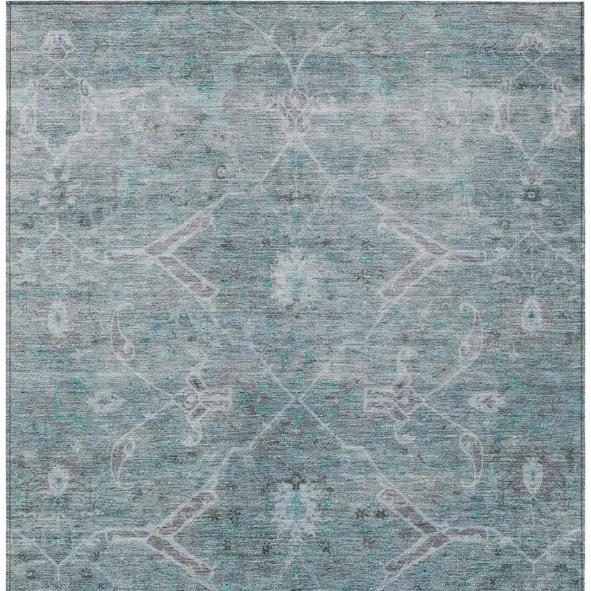 Teal Blue And Gray Floral Washable Indoor Outdoor Area Rug Photo 6