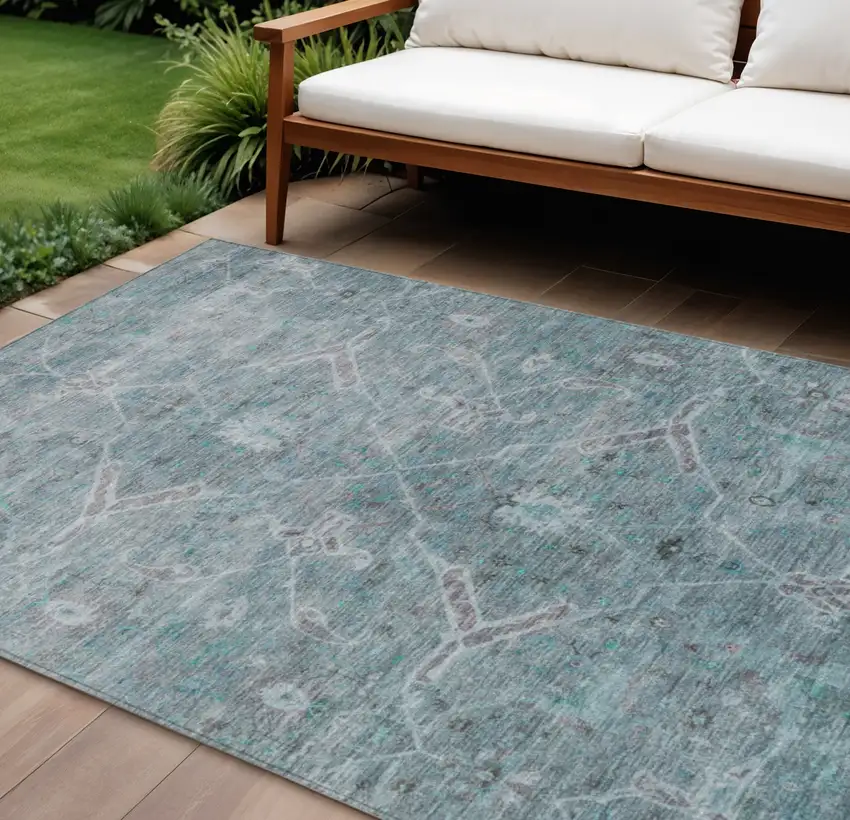 Teal Blue And Gray Floral Washable Indoor Outdoor Area Rug Photo 1