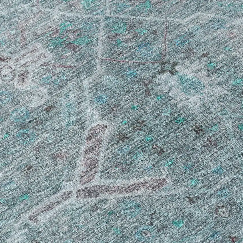 Teal Blue And Gray Floral Washable Indoor Outdoor Area Rug Photo 7