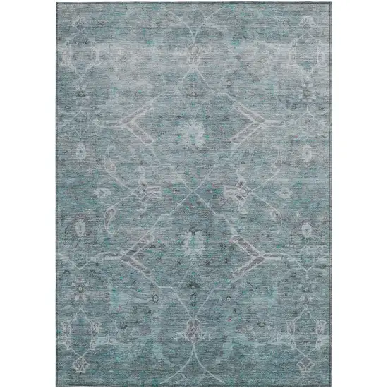 Teal Blue And Gray Floral Washable Indoor Outdoor Area Rug Photo 4