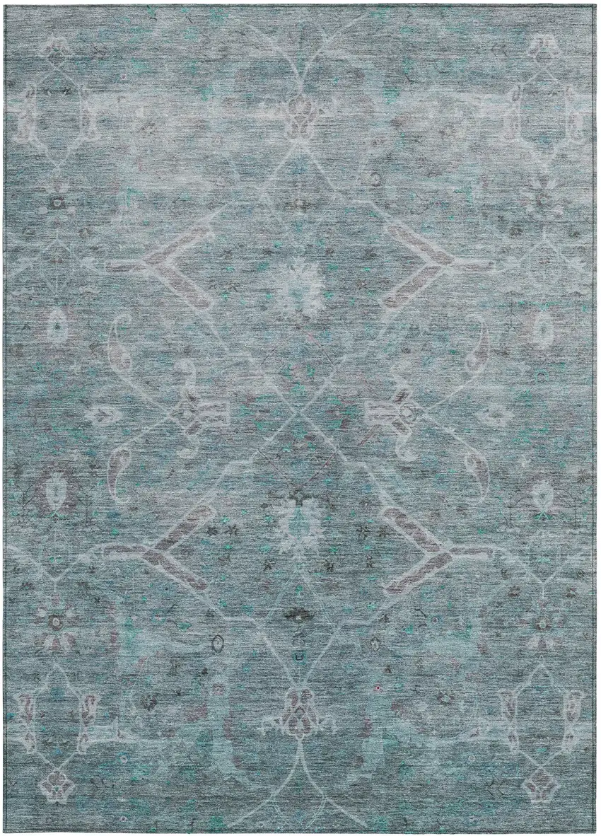 Teal Blue And Gray Floral Washable Indoor Outdoor Area Rug Photo 4