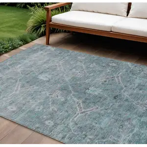 Photo of Teal Blue And Gray Floral Washable Indoor Outdoor Area Rug