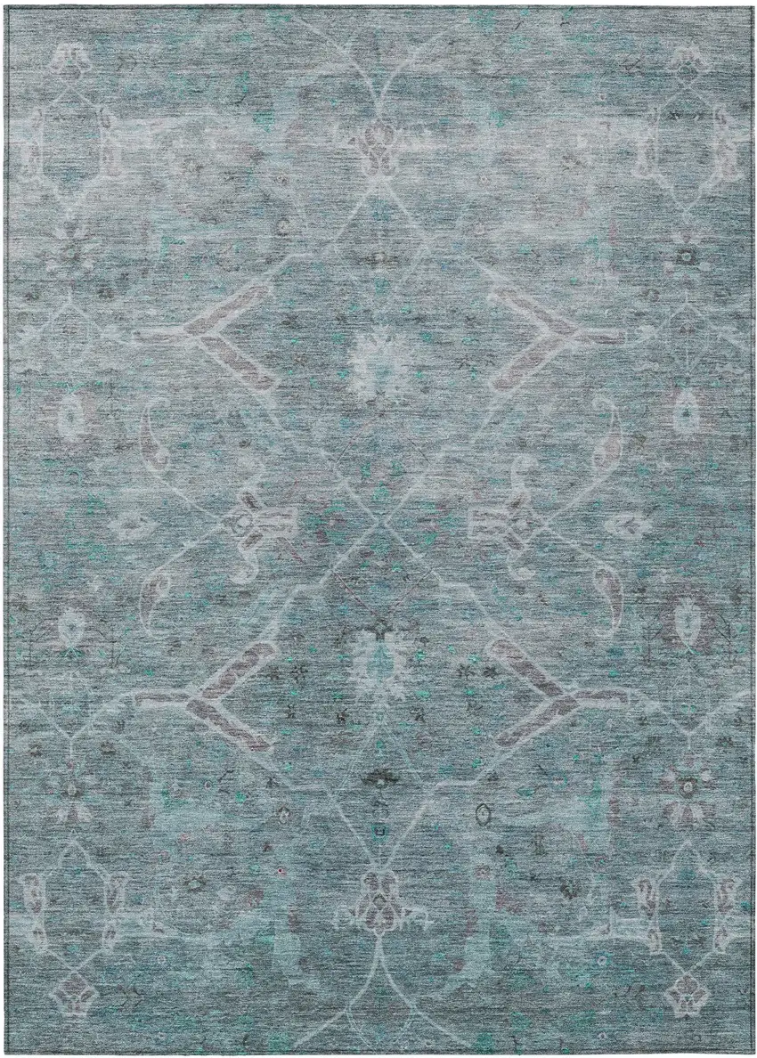 Teal Blue And Gray Floral Washable Indoor Outdoor Area Rug Photo 2