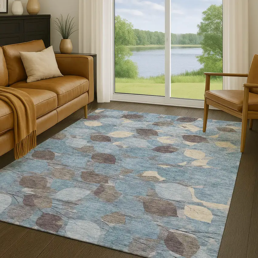 Teal Blue And Gray Floral Washable Indoor Outdoor Area Rug Photo 5