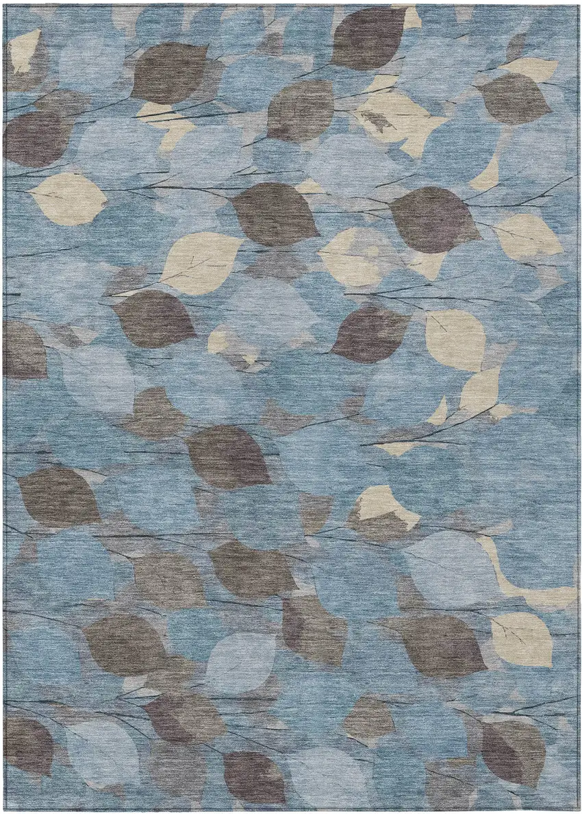 Teal Blue And Gray Floral Washable Indoor Outdoor Area Rug Photo 1