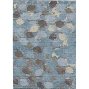 Photo of Teal Blue And Gray Floral Washable Indoor Outdoor Area Rug