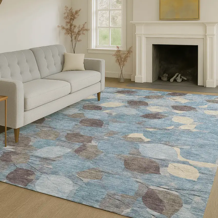 Teal Blue And Gray Floral Washable Indoor Outdoor Area Rug Photo 6