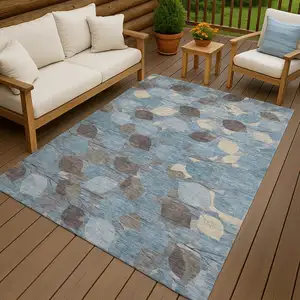 Photo of Teal Blue And Gray Floral Washable Indoor Outdoor Area Rug
