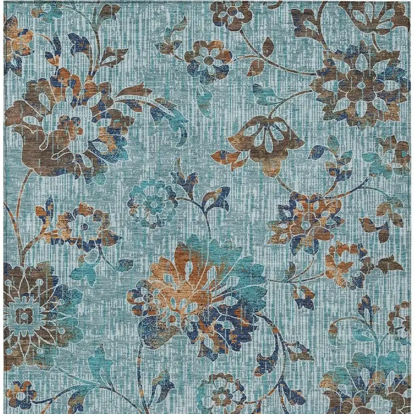 Teal Blue And Gray Floral Washable Indoor Outdoor Area Rug Photo 3