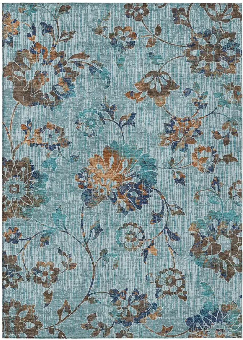 Teal Blue And Gray Floral Washable Indoor Outdoor Area Rug Photo 1