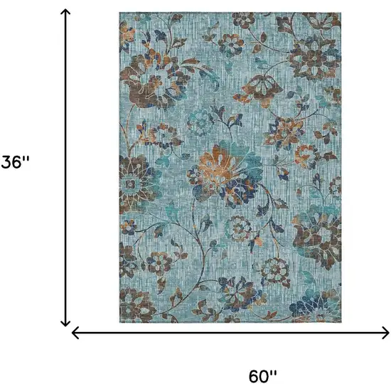 Teal Blue And Gray Floral Washable Indoor Outdoor Area Rug Photo 6