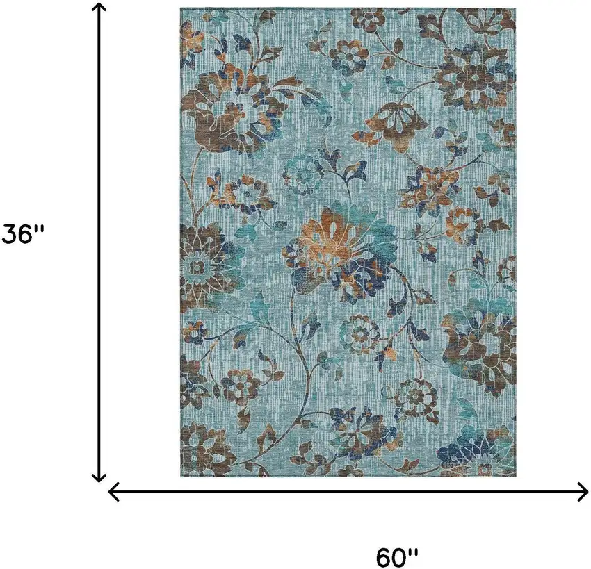 Teal Blue And Gray Floral Washable Indoor Outdoor Area Rug Photo 6