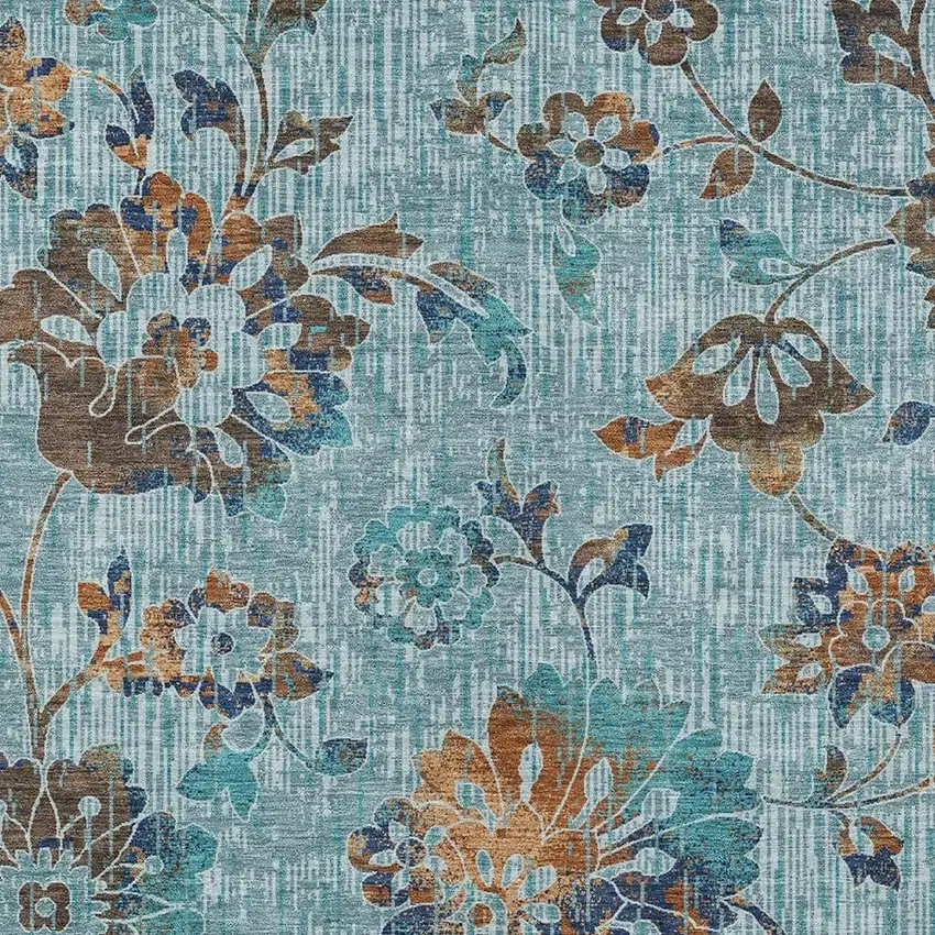 Teal Blue And Gray Floral Washable Indoor Outdoor Area Rug Photo 2